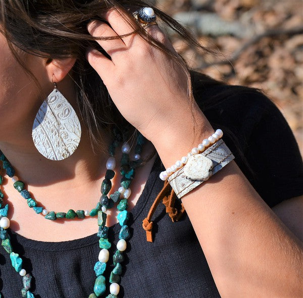 Leather Teardrop Earring in Oyster Paisley