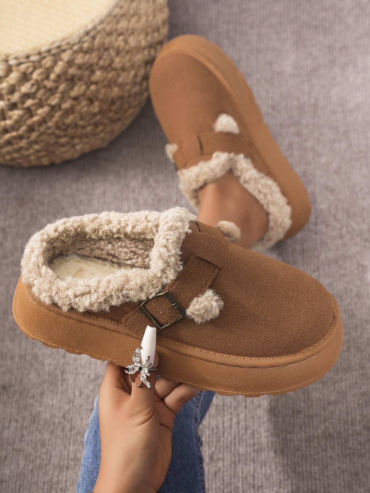 Fuzzy Buckle Slippers