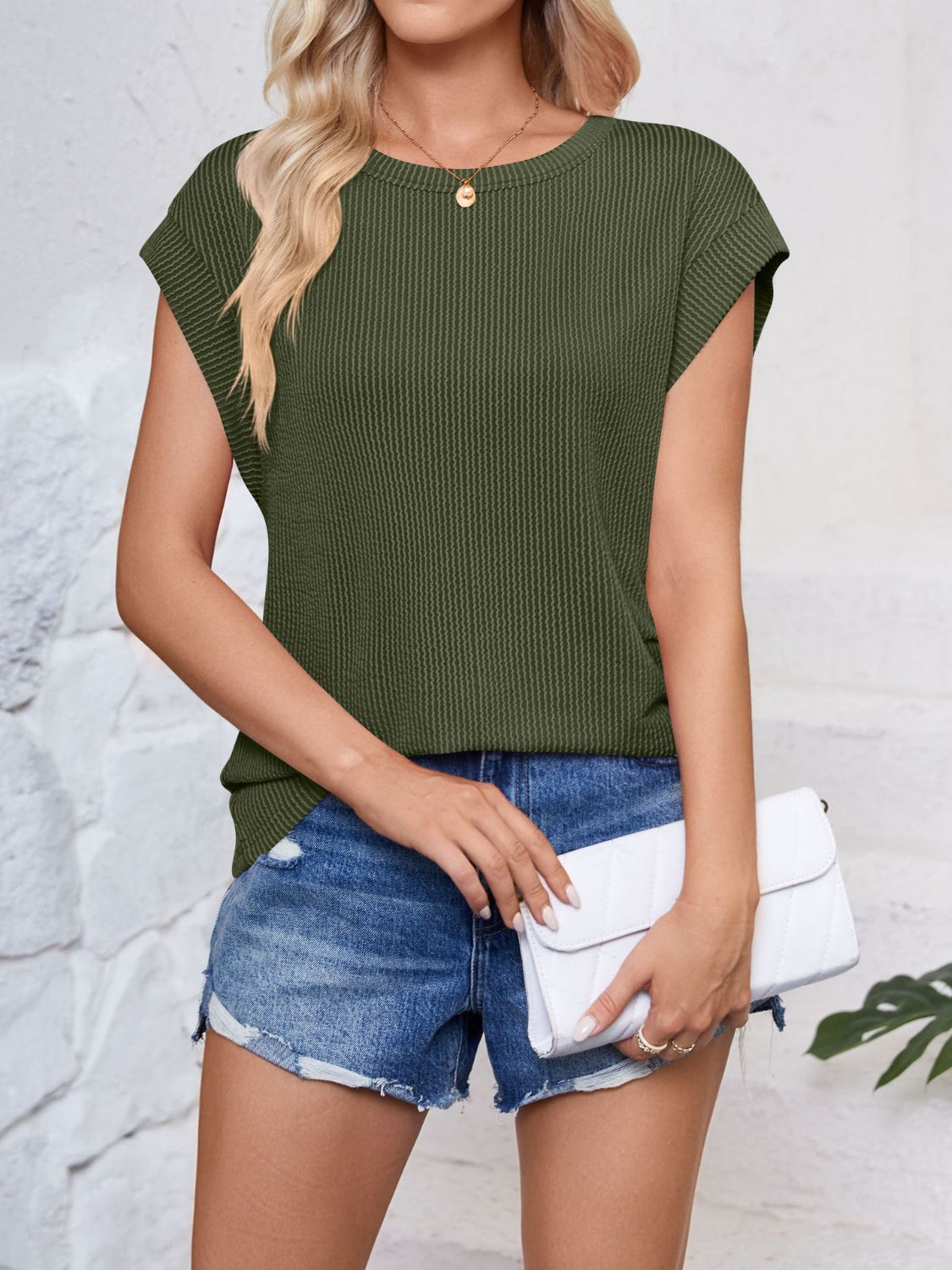 Lovelet Textured Round Neck Cap Sleeve Blouse