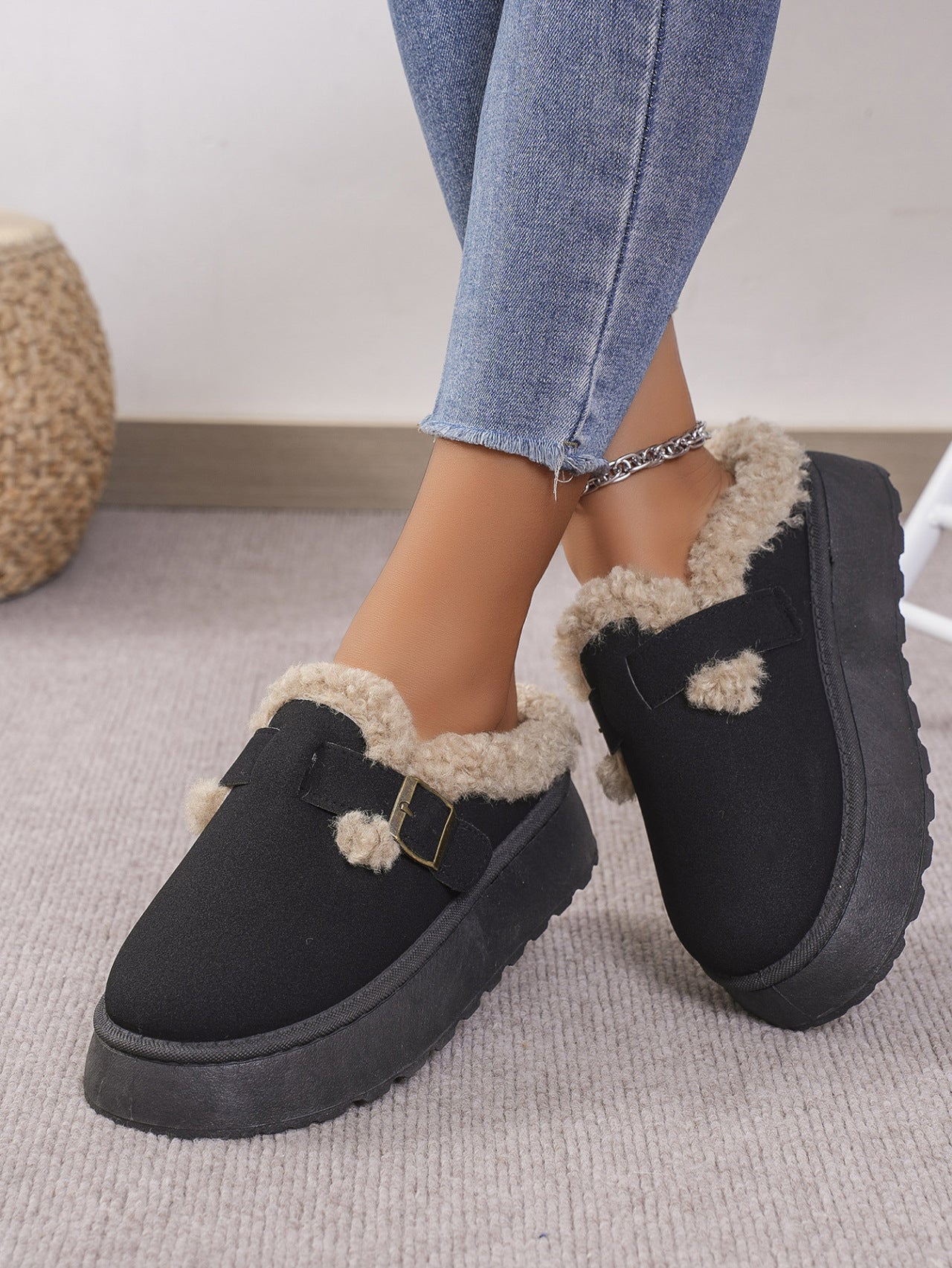 Fuzzy Buckle Slippers