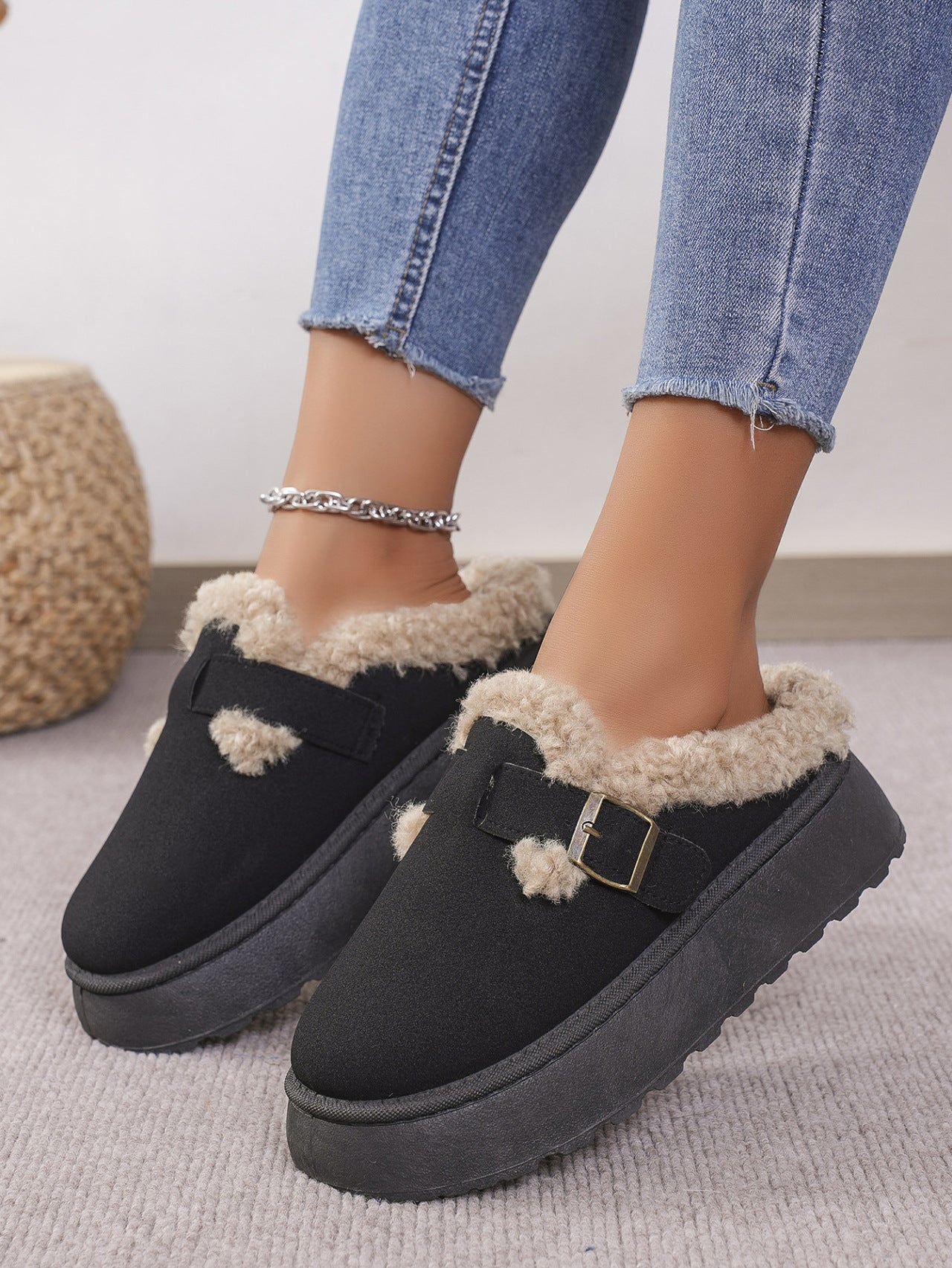 Fuzzy Buckle Slippers