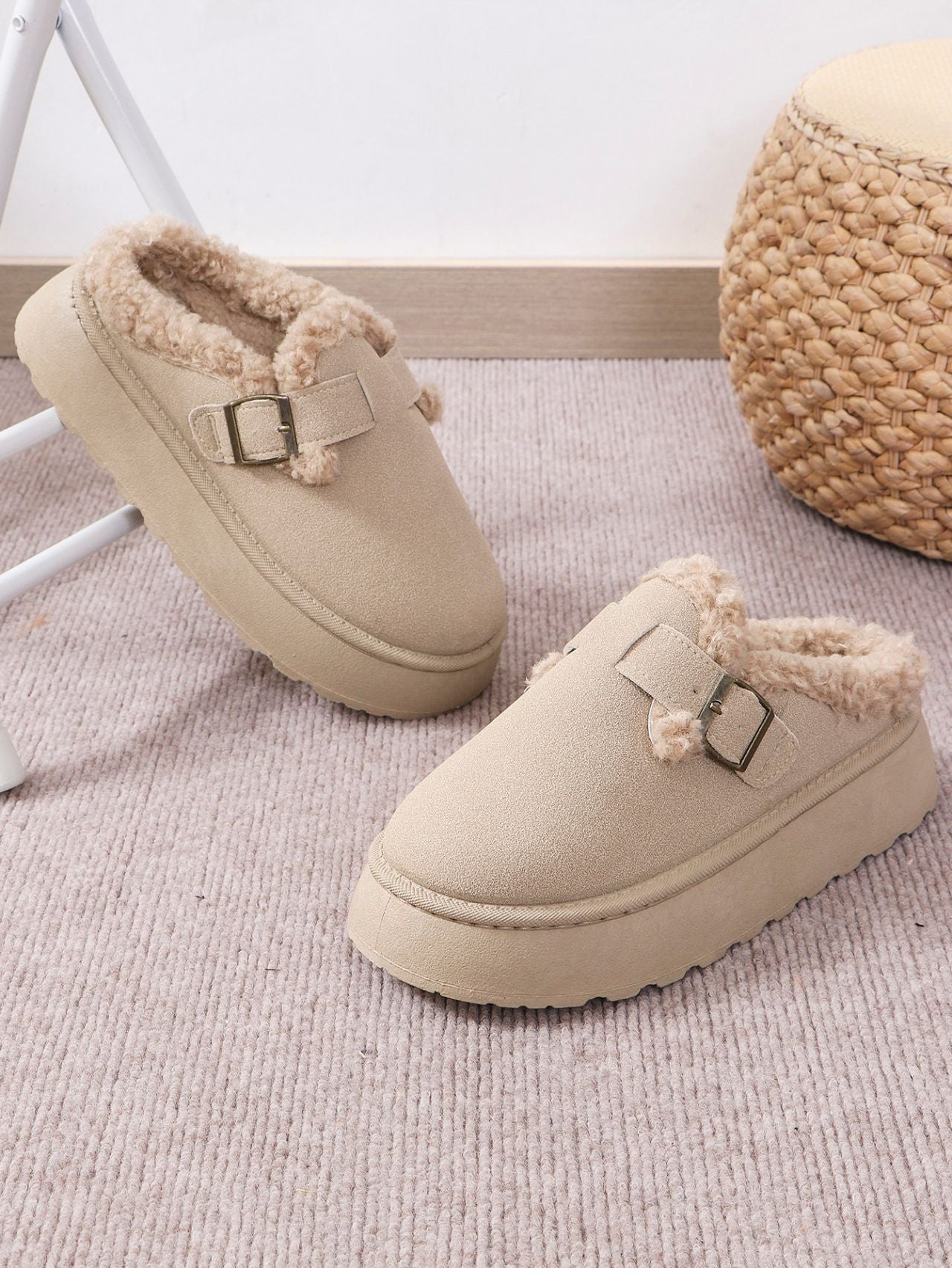 Fuzzy Buckle Slippers