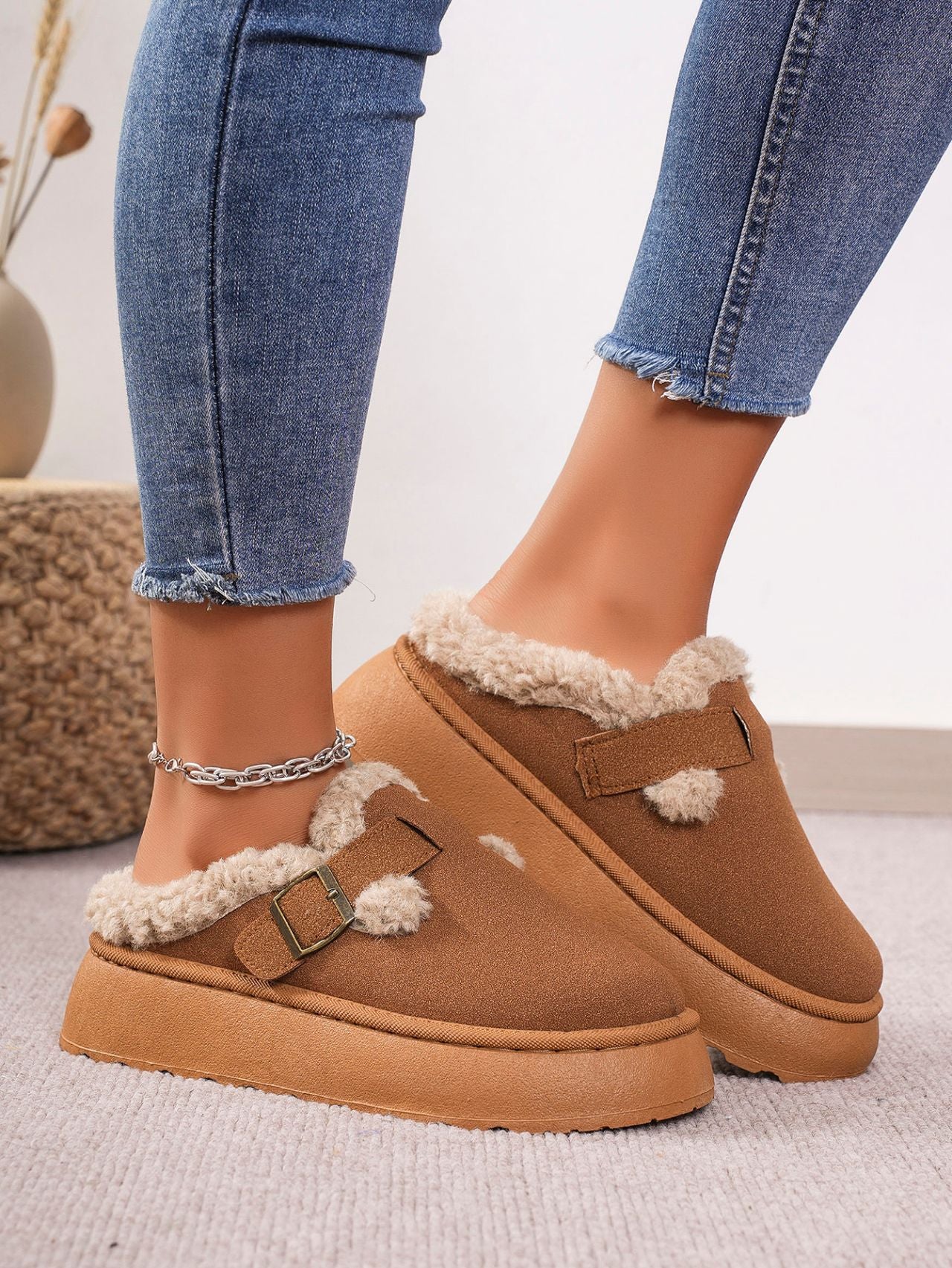 Fuzzy Buckle Slippers