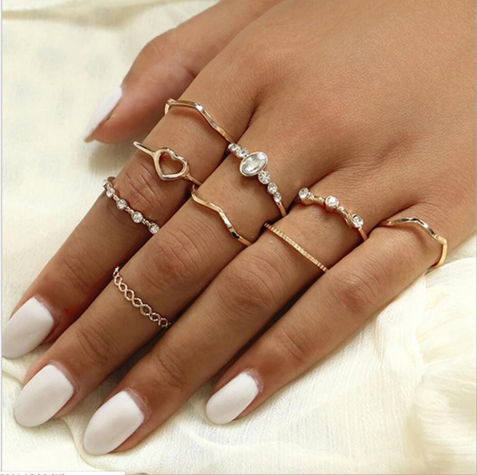 Retro crescent crystal knuckle ring sets