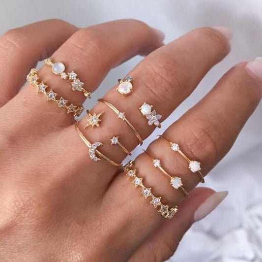 Retro crescent crystal knuckle ring sets