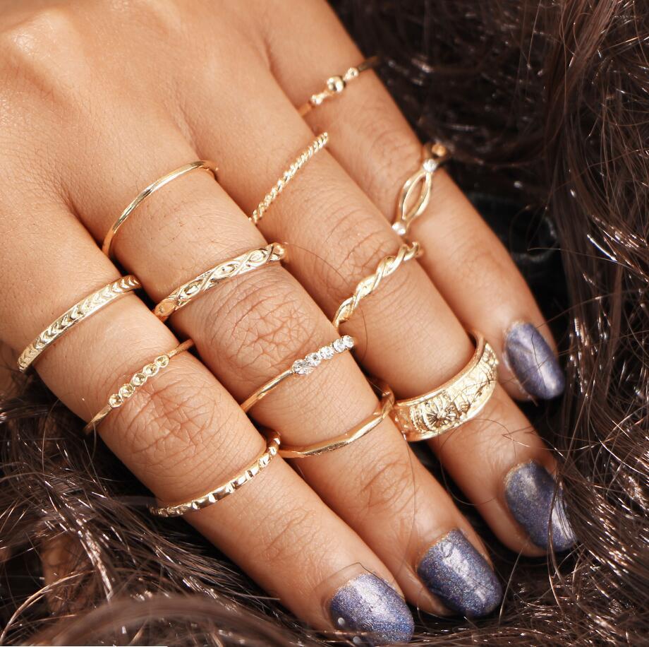 Retro crescent crystal knuckle ring sets