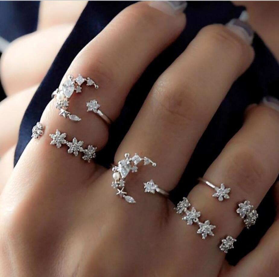 Retro crescent crystal knuckle ring sets