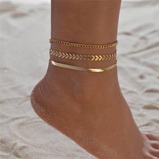 Gold Chain Ankle Bracelet 3pcs/set