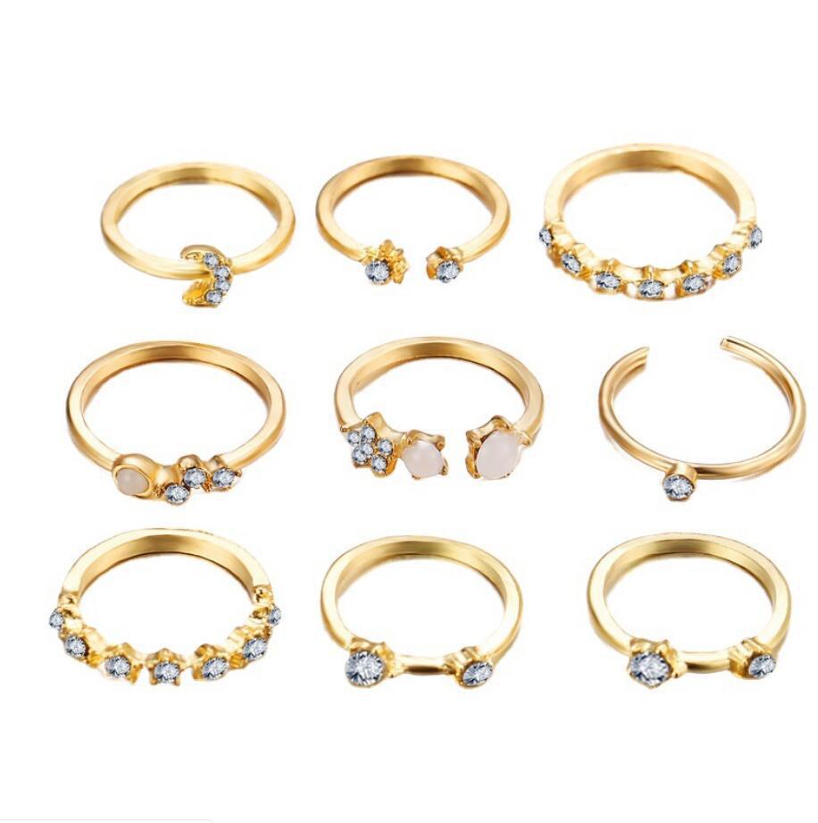 Retro crescent crystal knuckle ring sets