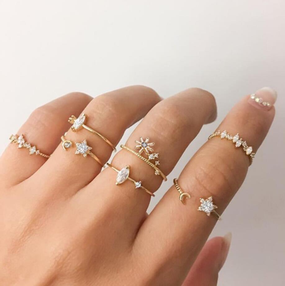 Retro crescent crystal knuckle ring sets